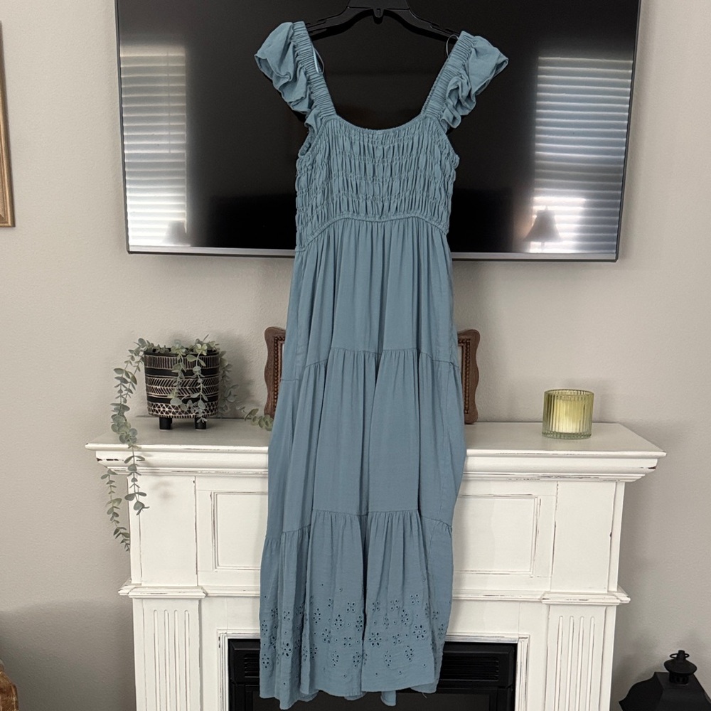 Smocked Ruffle Strap Maxi Dress in Dusty Blue - Picture 3 of 8